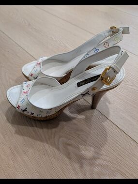Louis Vuitton White Multicolor Monogram Slingback Heels with Gold Buckle